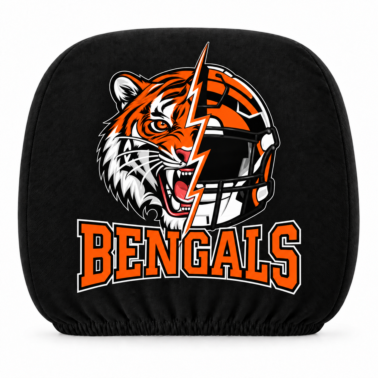 Cincinnati Bengals car headrest cover, Style 2 illustrated mascot design, white background
