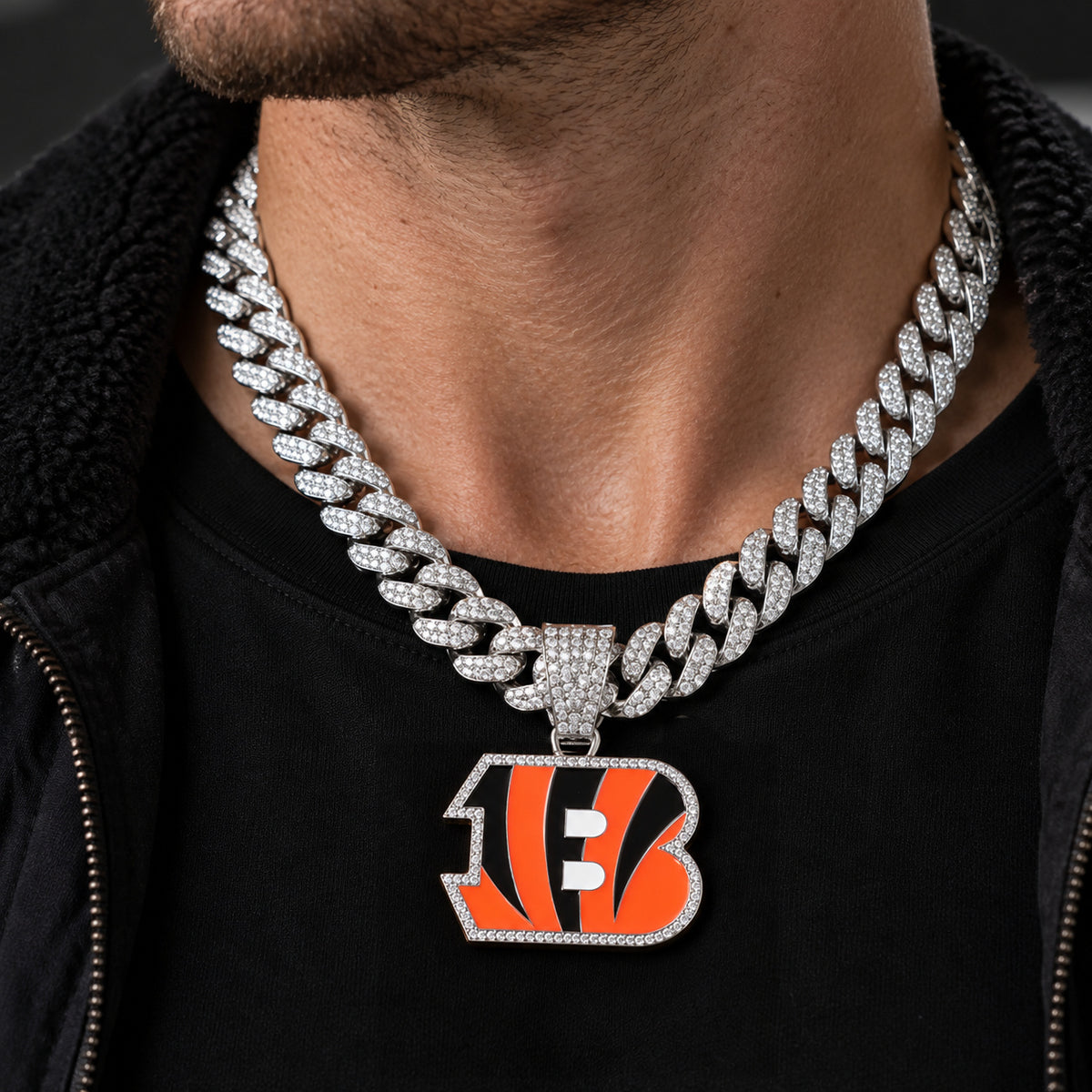 Cincinnati Bengals silver-tone rhinestone Cuban-link necklace, worn view