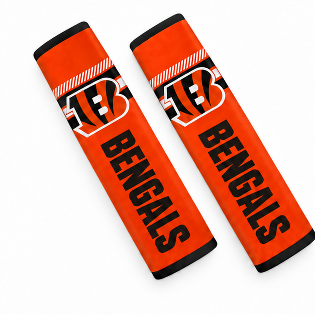 Pair of Cincinnati Bengals seat belt and backpack shoulder strap covers on a white background