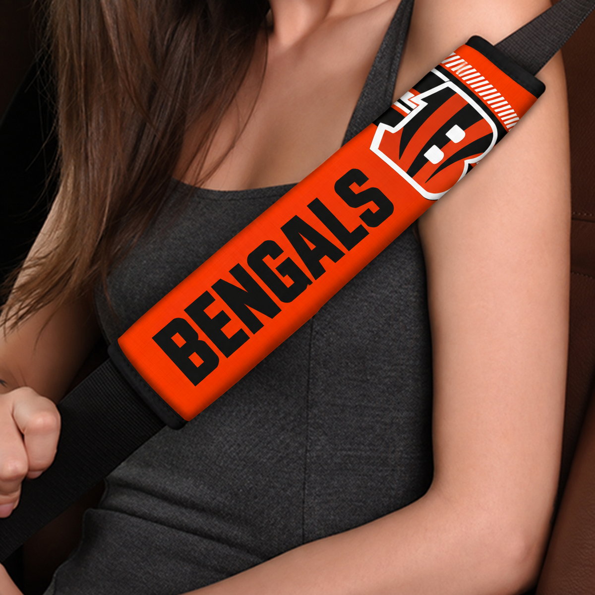Close-up of Cincinnati Bengals shoulder strap cover worn on a car seat belt