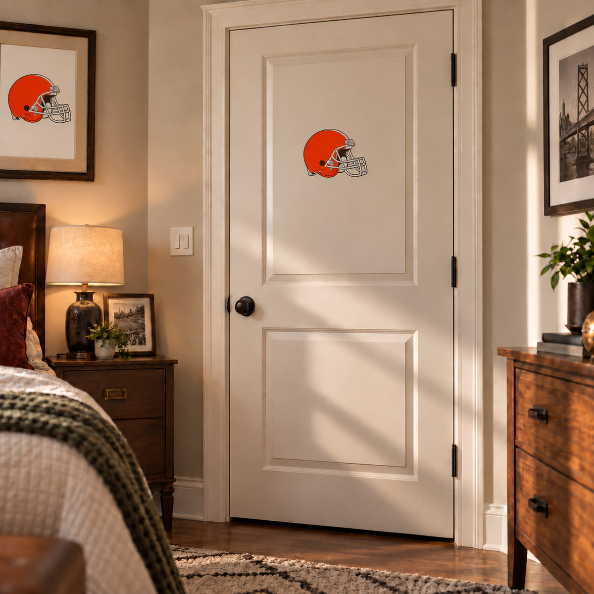 Cleveland Browns decorative sticker on an interior door, corrected 29 cm proportion