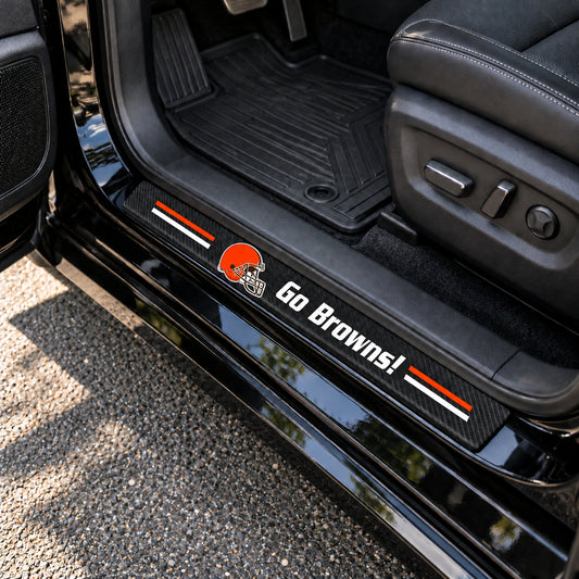 Cleveland Browns carbon fiber texture car door sill protector strips installed on a black car