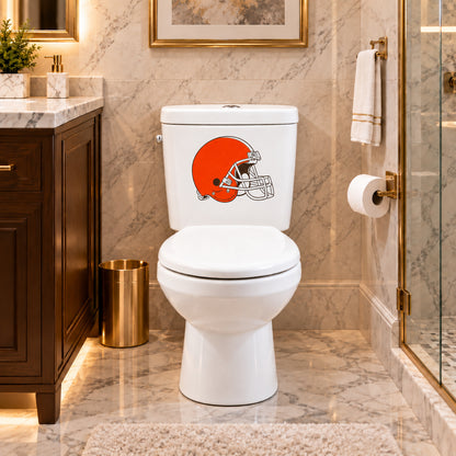 Cleveland Browns decorative sticker on a white toilet tank in a marble bathroom