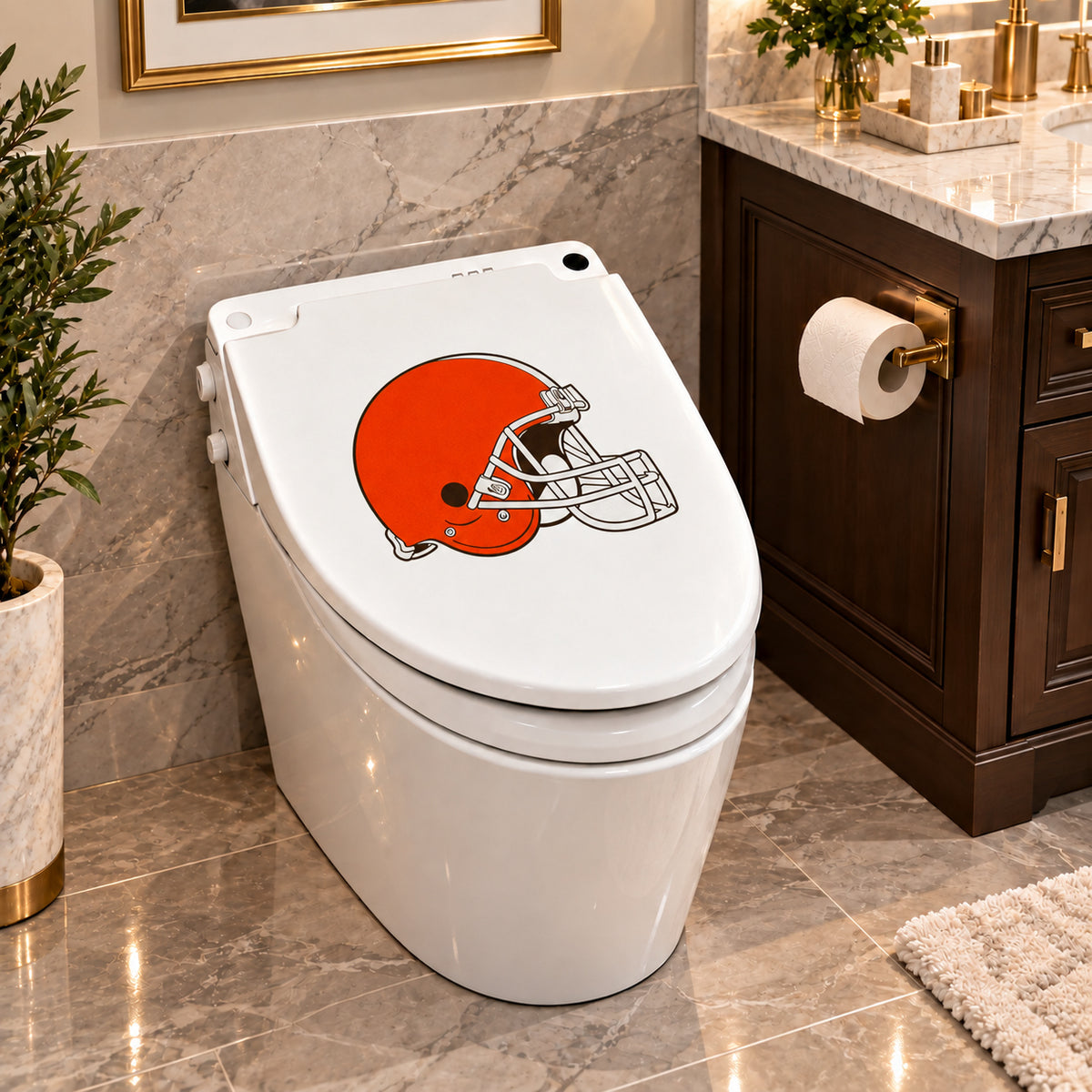 Cleveland Browns decorative sticker on a closed white toilet lid in a marble bathroom