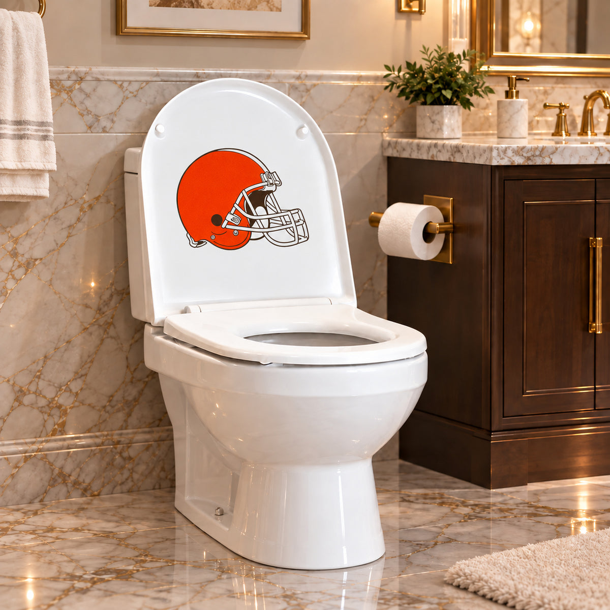Cleveland Browns decorative sticker on the inside of a white toilet lid in a marble bathroom