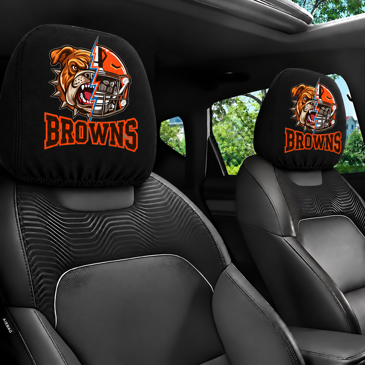 Cleveland Browns car headrest cover, Style 2 illustrated mascot design, installed in car