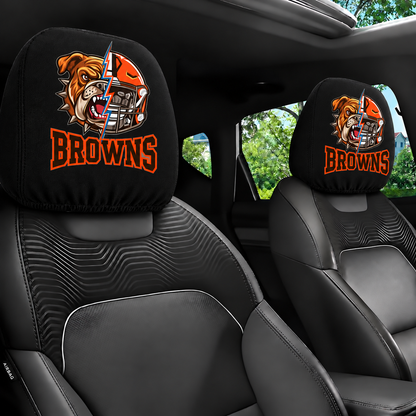 Cleveland Browns car headrest cover, Style 2 illustrated mascot design, installed in car