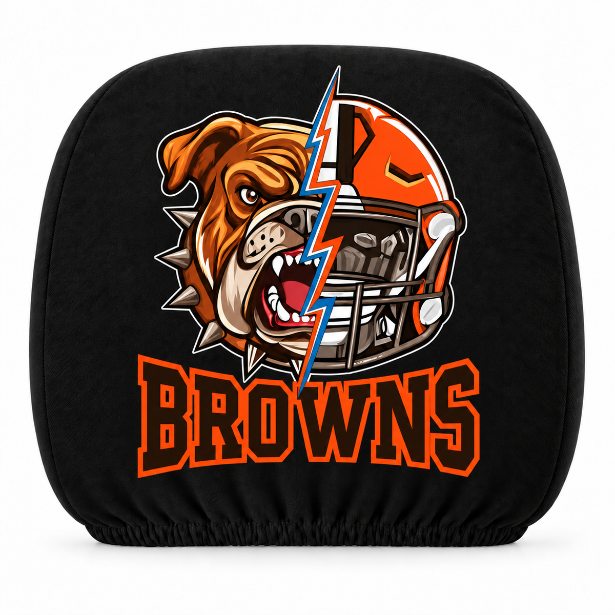 Cleveland Browns car headrest cover, Style 2 illustrated mascot design, white background