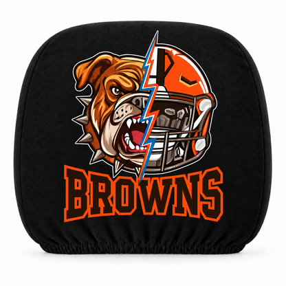 Cleveland Browns car headrest cover, Style 2 illustrated mascot design, white background