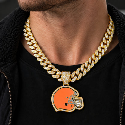 Cleveland Browns gold-tone rhinestone Cuban-link necklace, worn view
