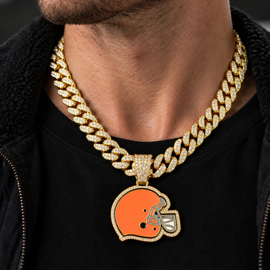 Cleveland Browns gold-tone rhinestone Cuban-link necklace, worn view