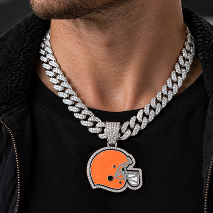 Cleveland Browns silver-tone rhinestone Cuban-link necklace, worn view
