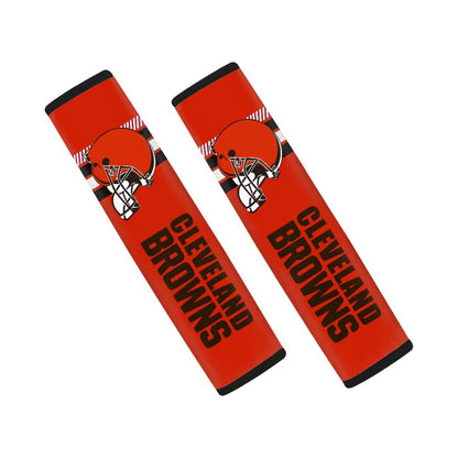 Pair of Cleveland Browns seat belt and backpack shoulder strap covers on a white background