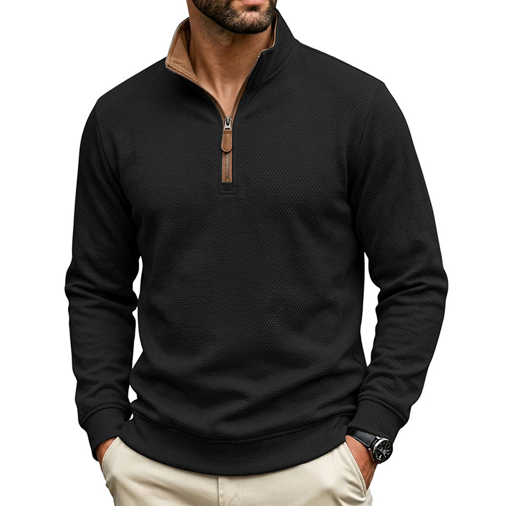 Crest men's fleece-lined waffle-knit quarter-zip pullover in Black