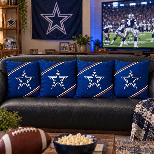 Matching Dallas Cowboys sofa cushion covers shown in a living-room styling example