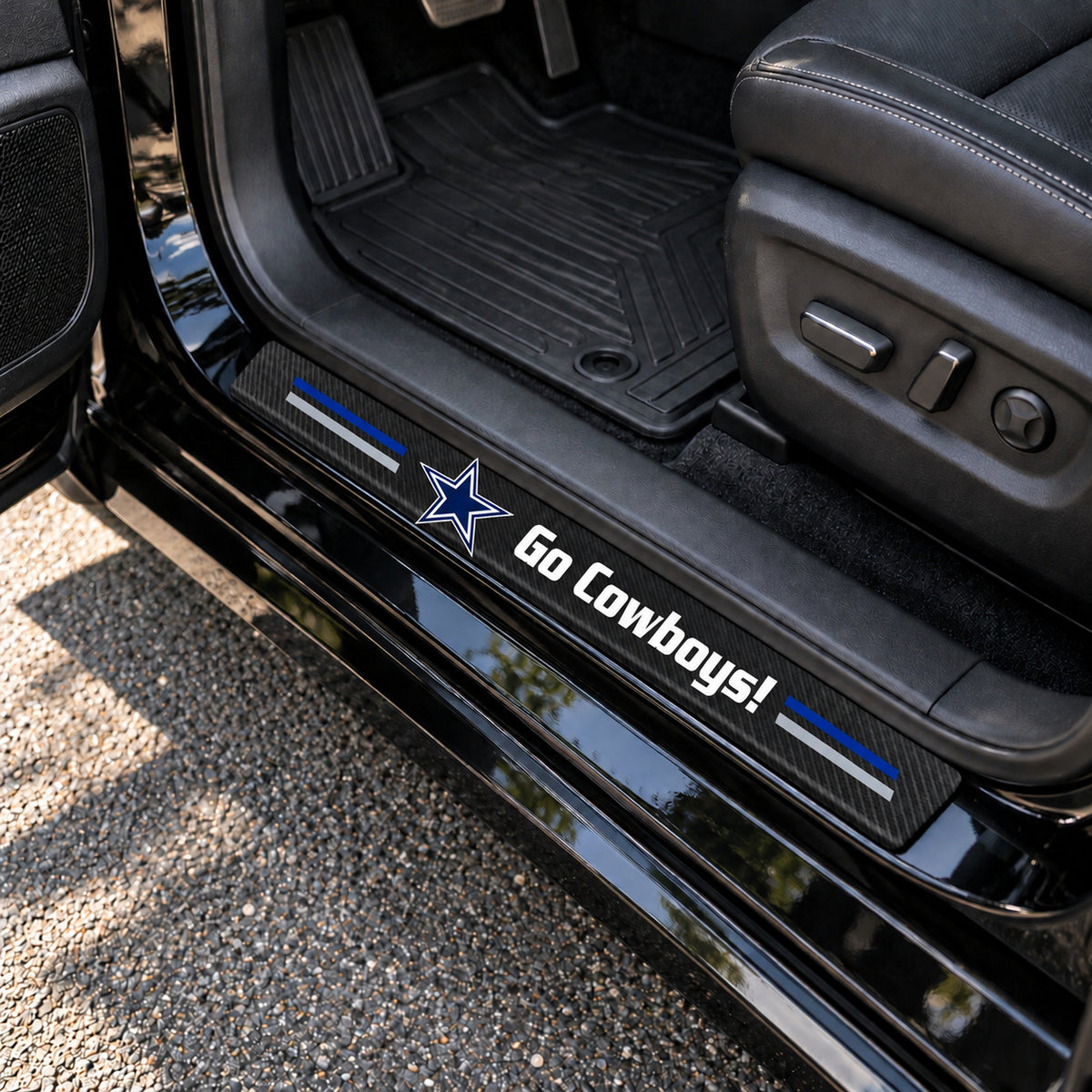 Dallas Cowboys carbon fiber texture car door sill protector strips installed on a black car
