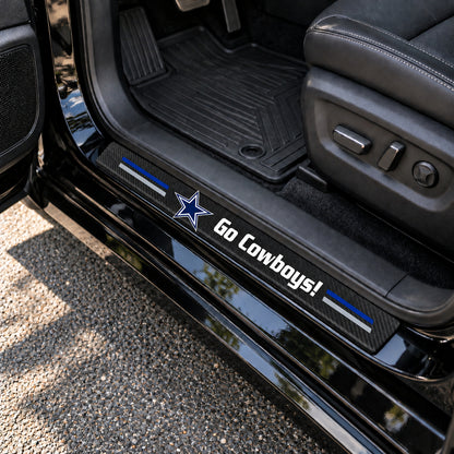 Dallas Cowboys carbon fiber texture car door sill protector strips installed on a black car