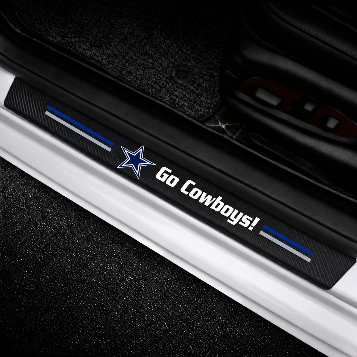 Dallas Cowboys car door sill protector strips — vehicle installation view