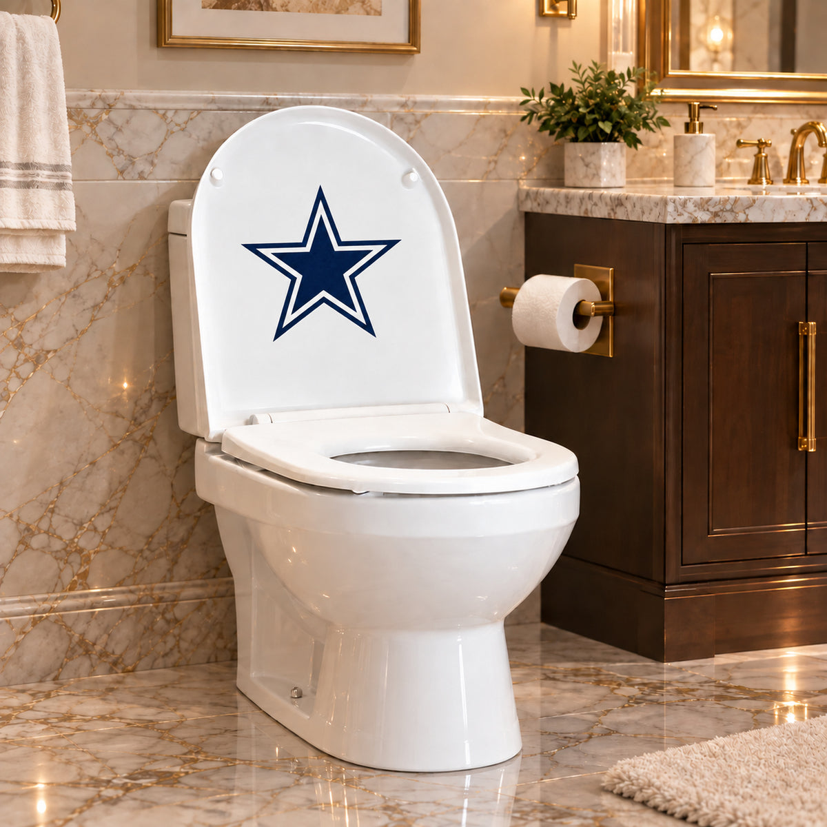 Dallas Cowboys decorative sticker on the inside of a white toilet lid in a marble bathroom