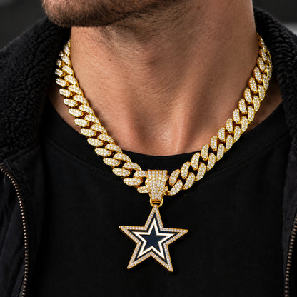 Dallas Cowboys gold-tone rhinestone Cuban-link necklace, worn view
