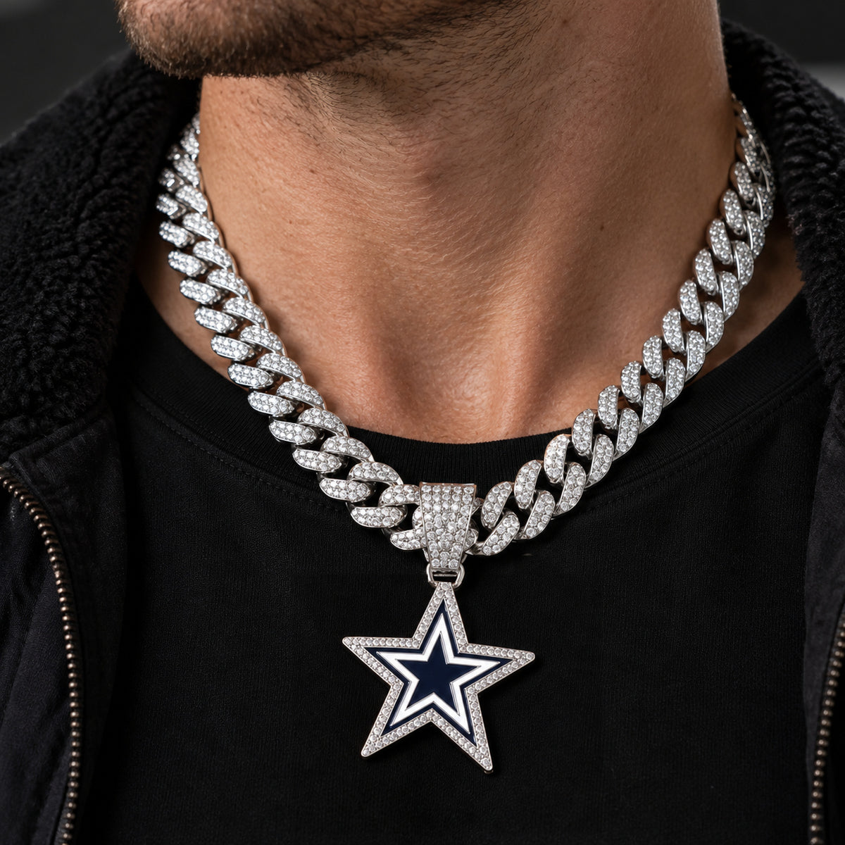 Dallas Cowboys silver-tone rhinestone Cuban-link necklace, worn view