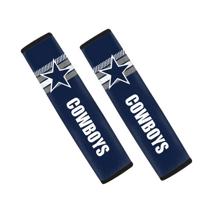 Pair of Dallas Cowboys seat belt and backpack shoulder strap covers on a white background