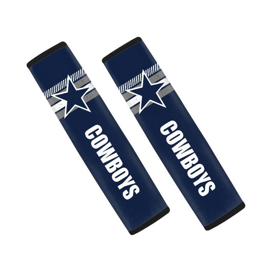 Pair of Dallas Cowboys seat belt and backpack shoulder strap covers on a white background