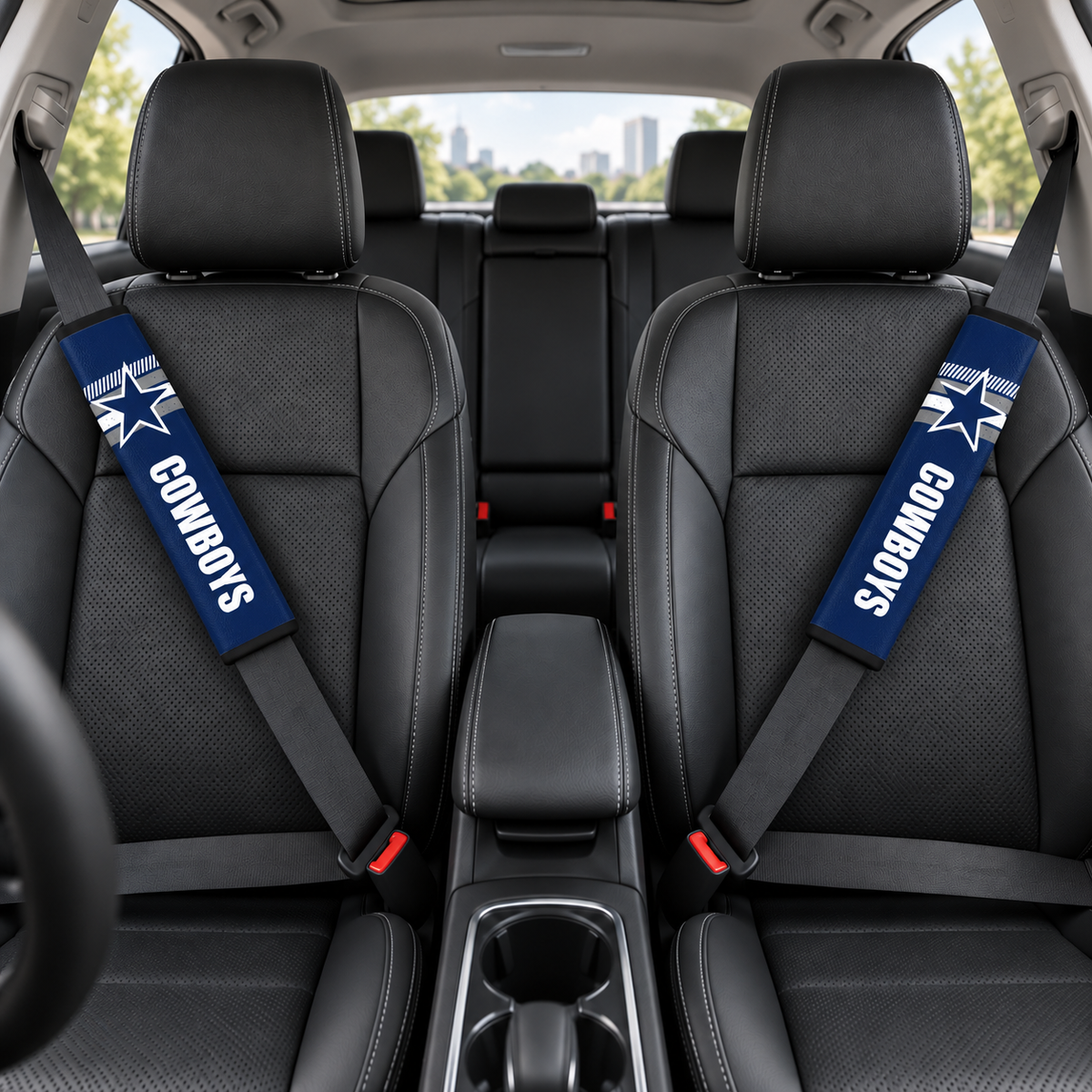 Dallas Cowboys car seat belt covers shown on two front seat belts