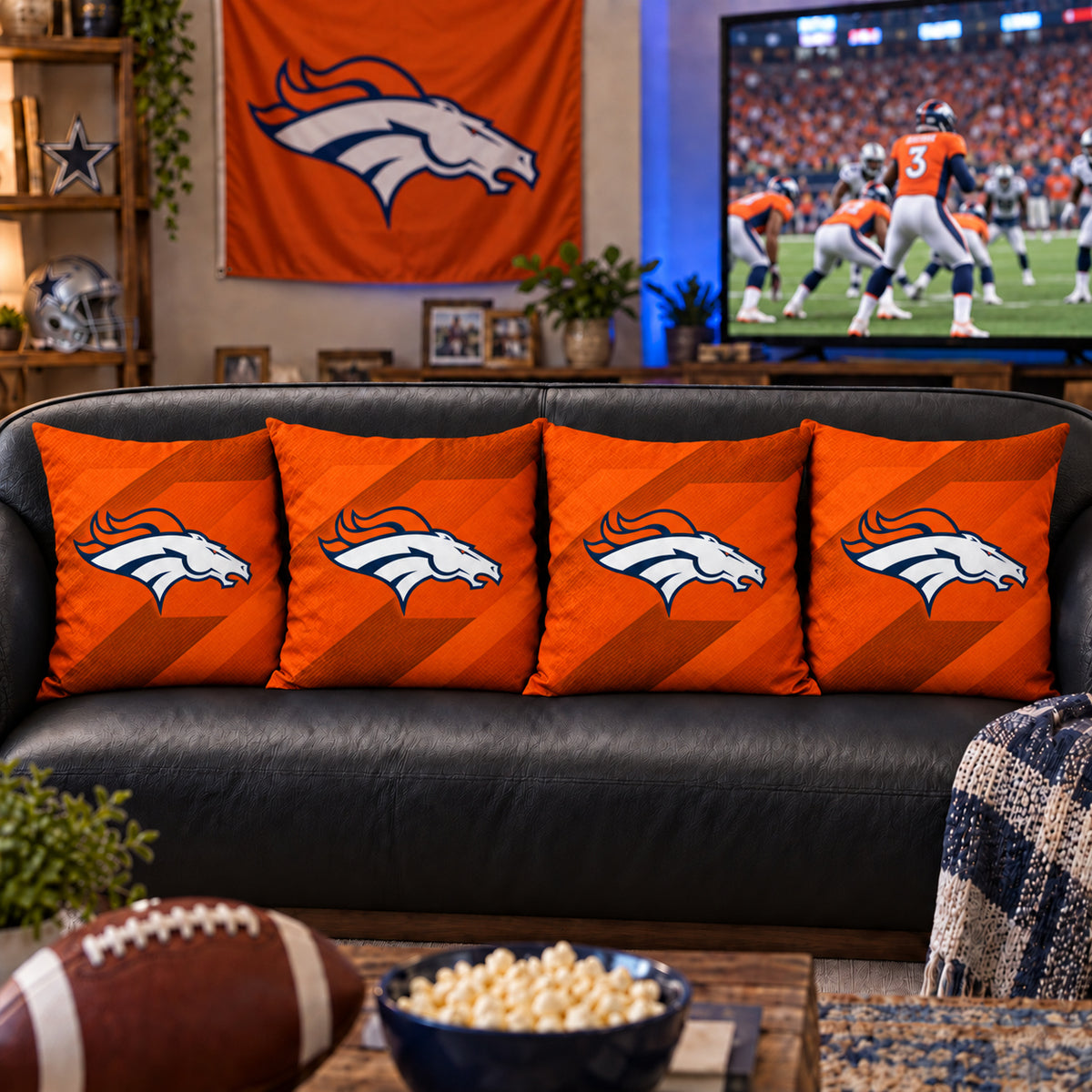 Matching Denver Broncos sofa cushion covers shown in a living-room styling example