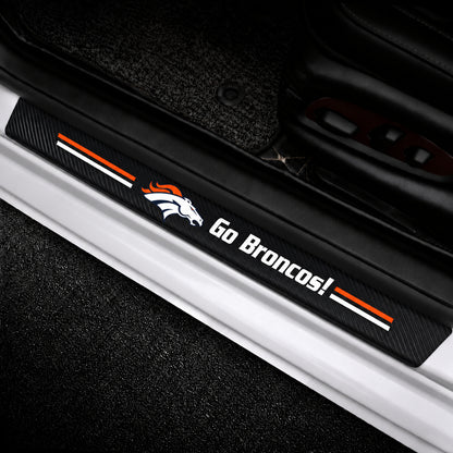 Denver Broncos car door sill protector strips — vehicle installation view