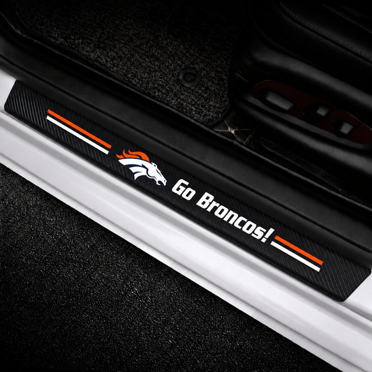 Denver Broncos car door sill protector strips — vehicle installation view