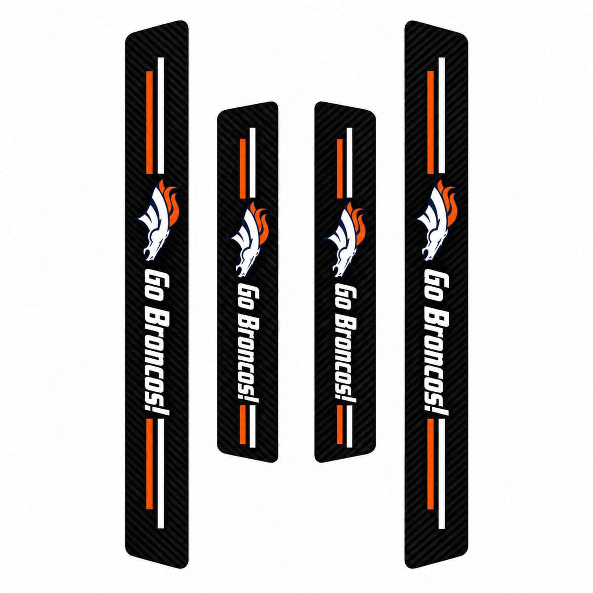 Denver Broncos car door sill protector strips — four-piece product layout