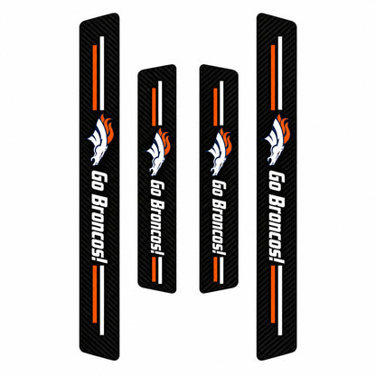 Denver Broncos car door sill protector strips — four-piece product layout