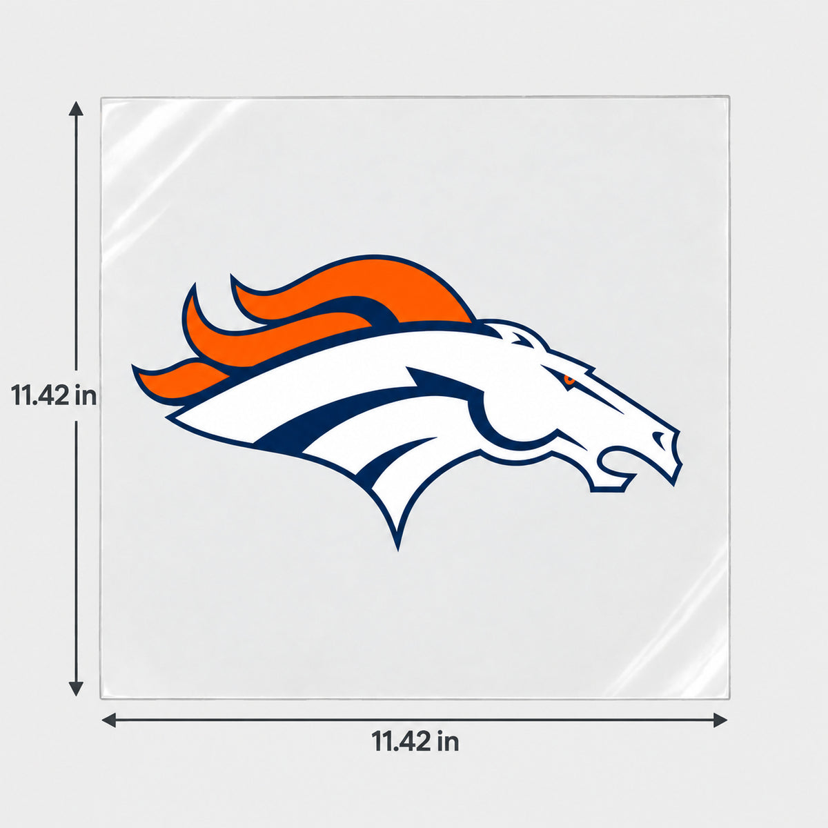 Denver Broncos decorative sticker displayed on clear film with size markings