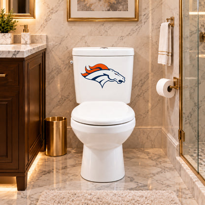 Denver Broncos decorative sticker on a white toilet tank in a marble bathroom