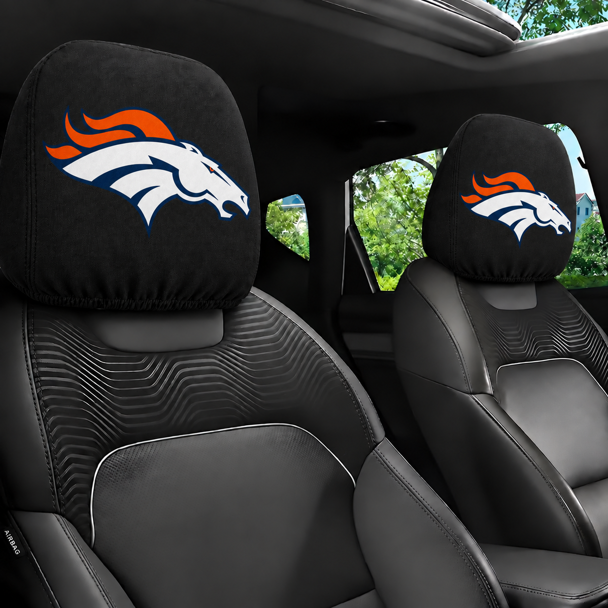 Denver Broncos car headrest cover, Style 1 logo design, installed in car