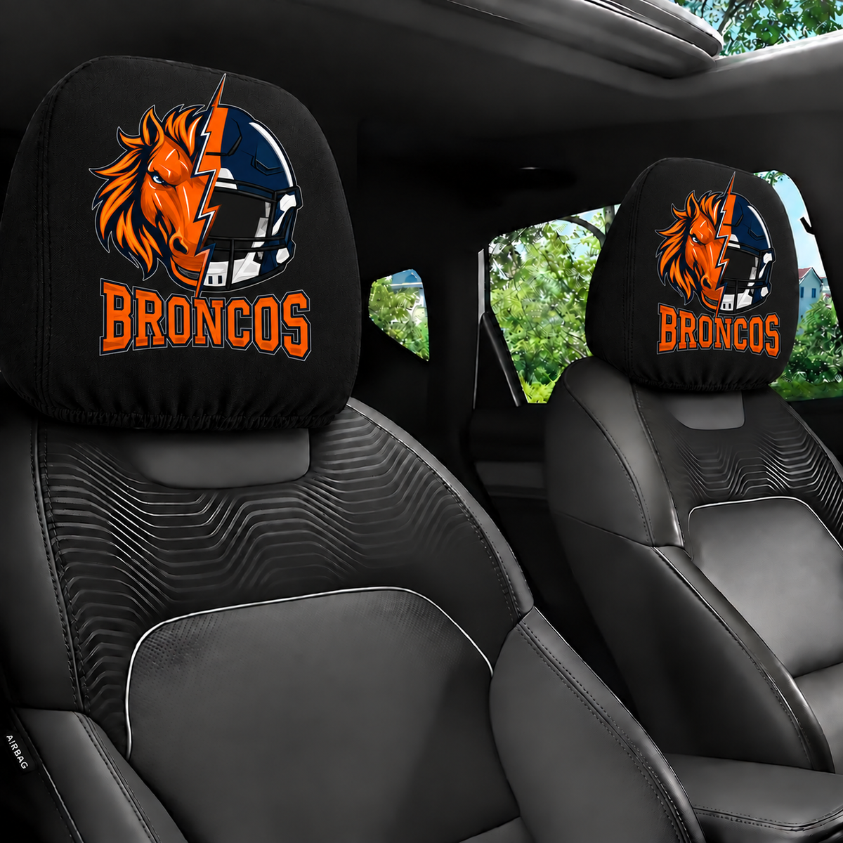 Denver Broncos car headrest cover, Style 2 illustrated mascot design, installed in car