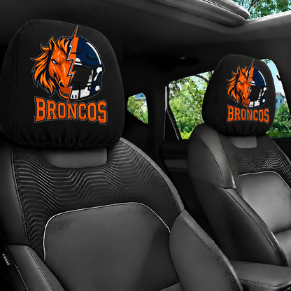 Denver Broncos car headrest cover, Style 2 illustrated mascot design, installed in car