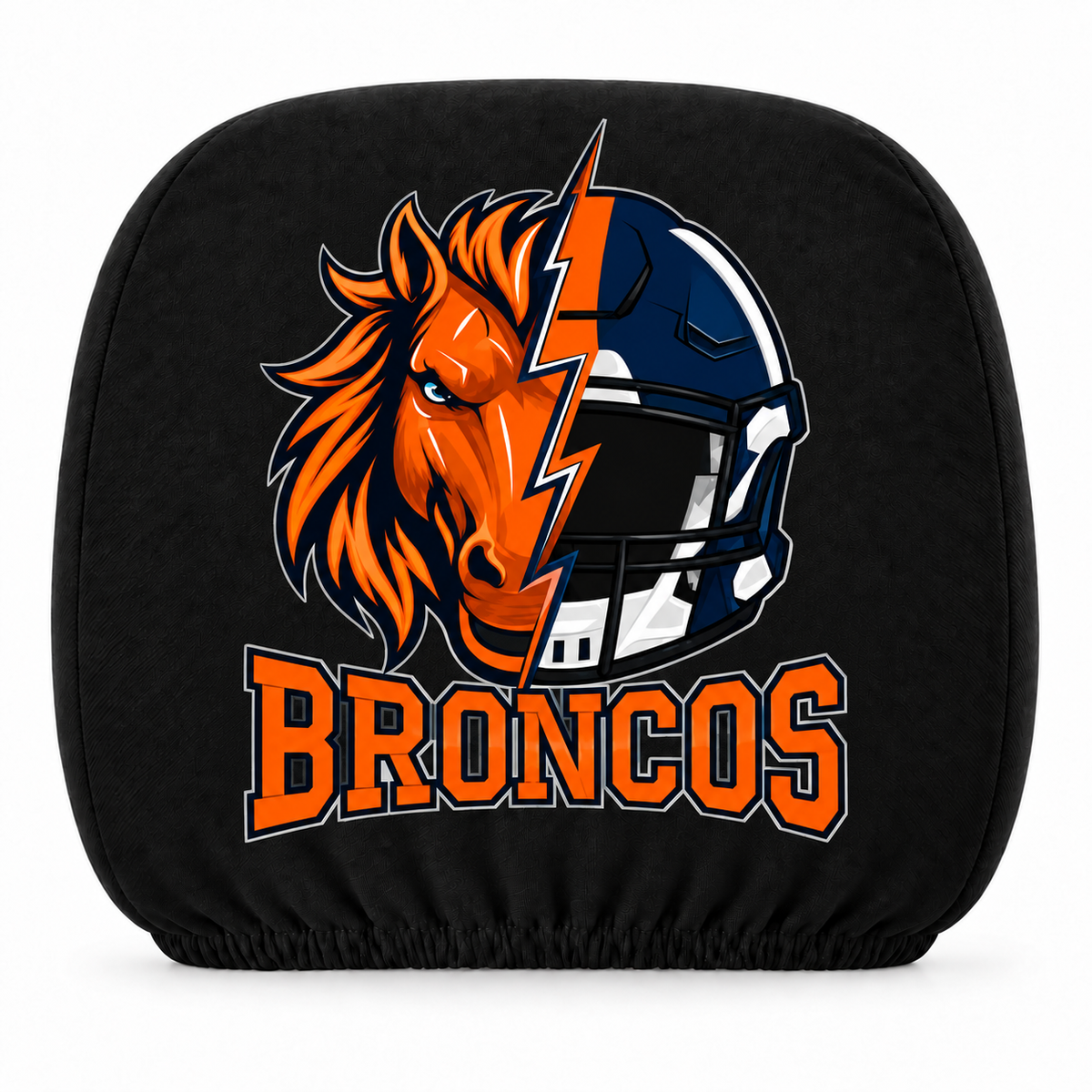 Denver Broncos car headrest cover, Style 2 illustrated mascot design, white background