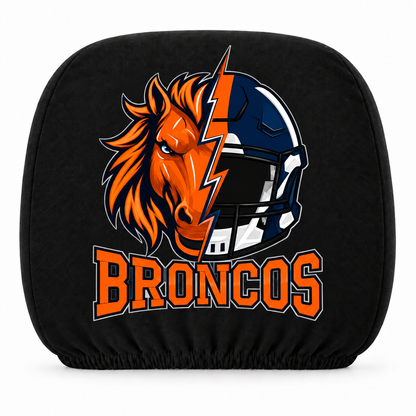 Denver Broncos car headrest cover, Style 2 illustrated mascot design, white background