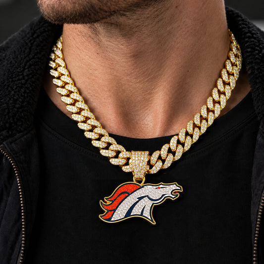 Denver Broncos gold-tone rhinestone Cuban-link necklace, worn view
