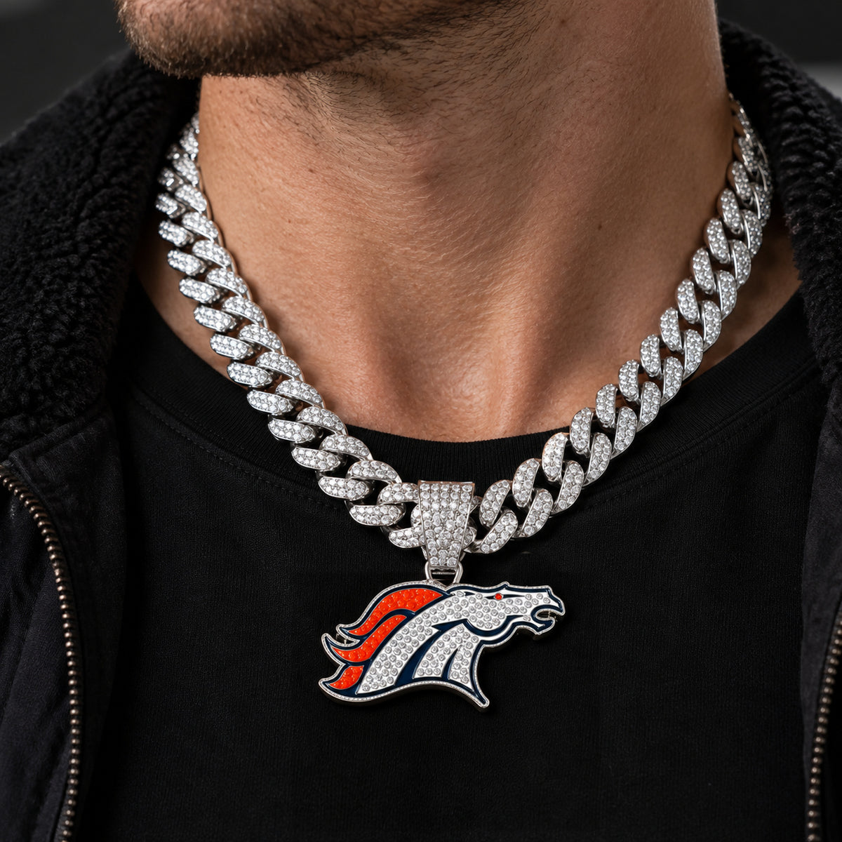 Denver Broncos silver-tone rhinestone Cuban-link necklace, worn view