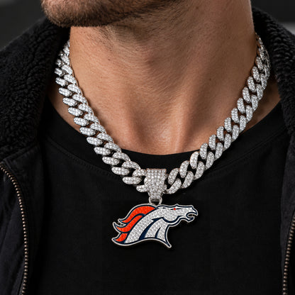 Denver Broncos silver-tone rhinestone Cuban-link necklace, worn view