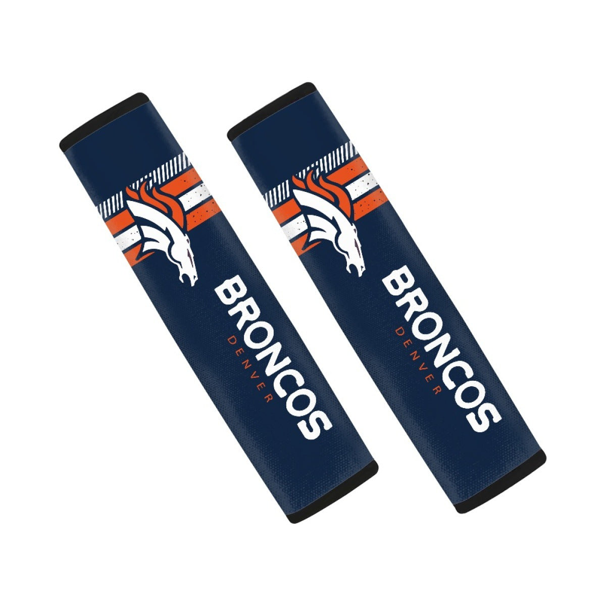 Pair of Denver Broncos seat belt and backpack shoulder strap covers on a white background