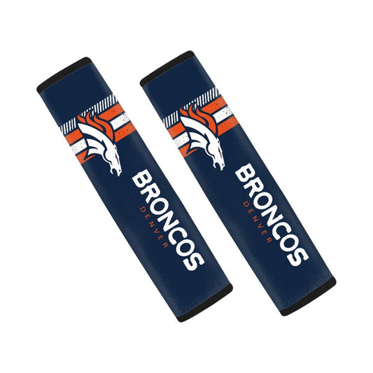 Pair of Denver Broncos seat belt and backpack shoulder strap covers on a white background
