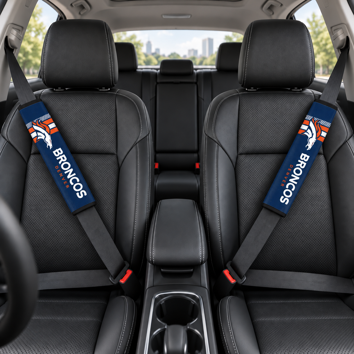 Denver Broncos car seat belt covers shown on two front seat belts