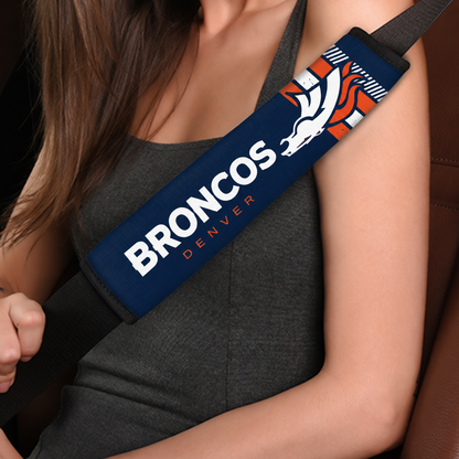 Close-up of Denver Broncos shoulder strap cover worn on a car seat belt