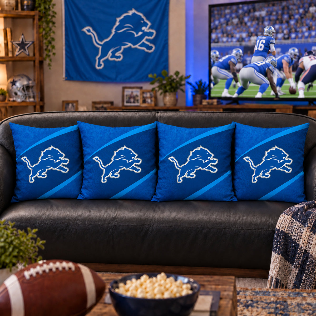 Matching Detroit Lions sofa cushion covers shown in a living-room styling example