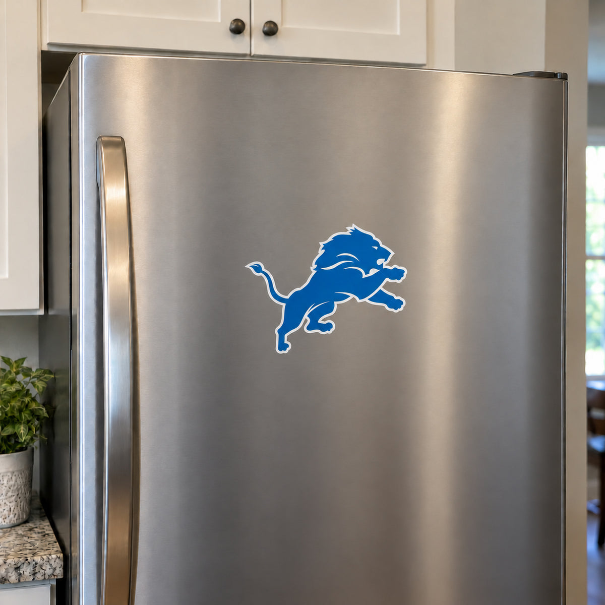 Detroit Lions decorative sticker displayed on a stainless-steel refrigerator