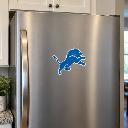 Detroit Lions decorative sticker displayed on a stainless-steel refrigerator